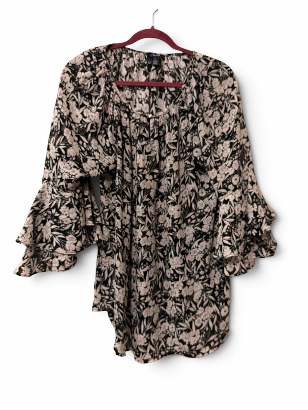 Chaps Black Floral Tiered Ruffle Bell Sleeve Blouse Large